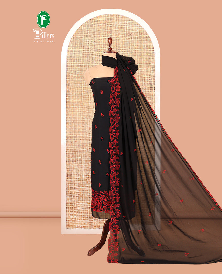 Black-Red Georgette Material Churidar Features Leaf Embroidered Top, a Plain Bottom, Thread Embroidered Dupatta