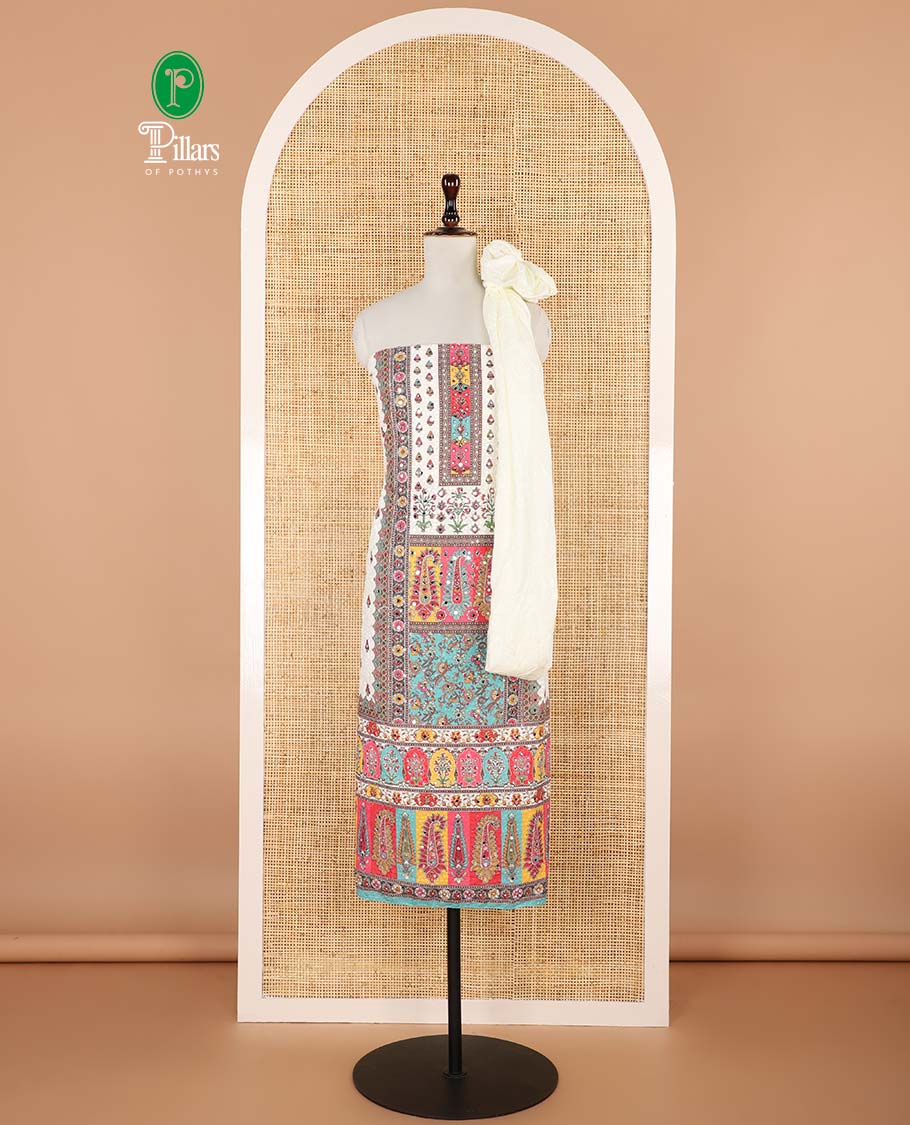 Cream with multi-color chikankari , butta design, mirror work cotton chudidhar material top with cotton pant & chikankari embroidery dupatta