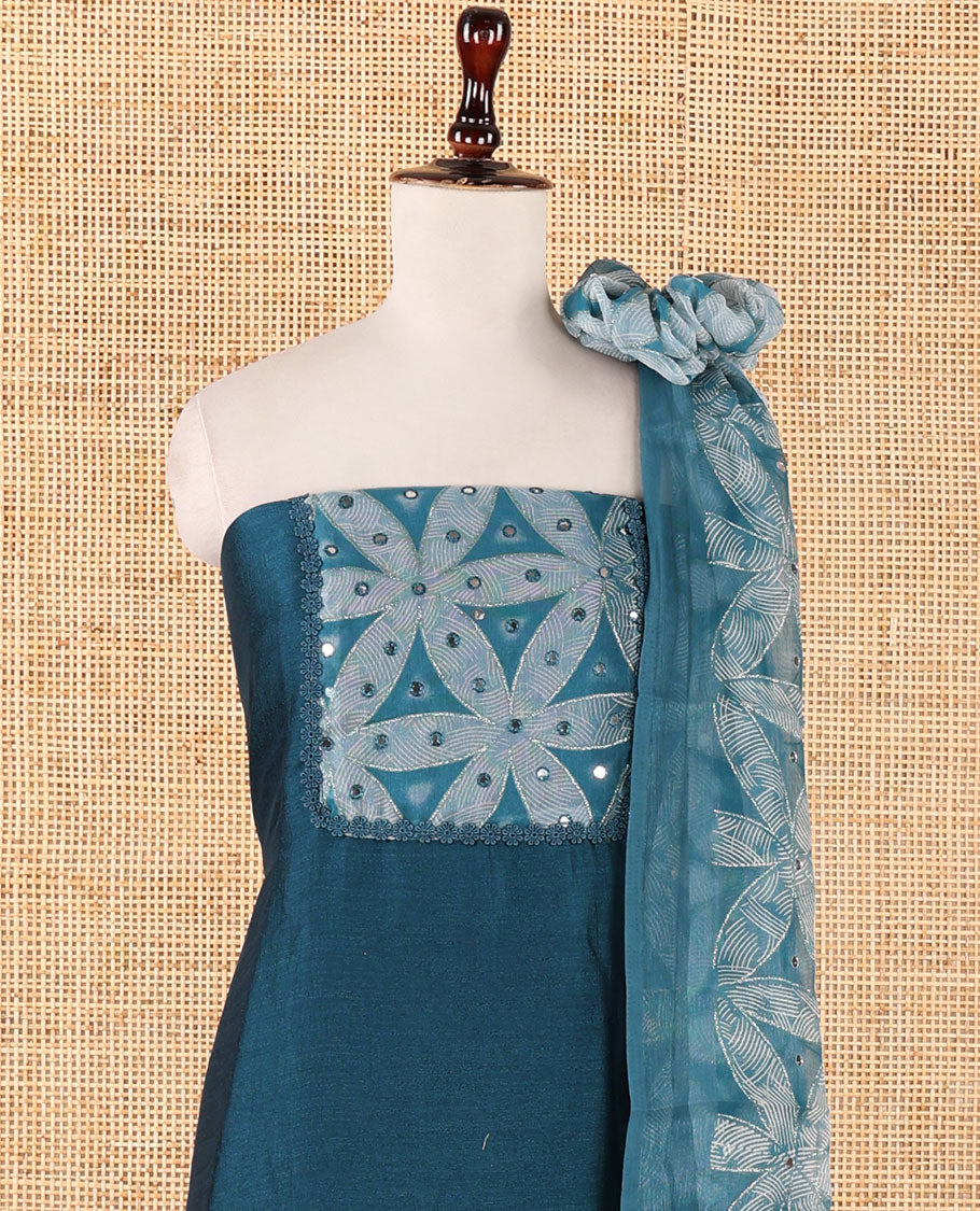 Peacock green material chudidar, brasso floral print & mirrorwork vichitra silk top, santoon bottom & shimmer georgette dupatta of floral print & mirrorwork