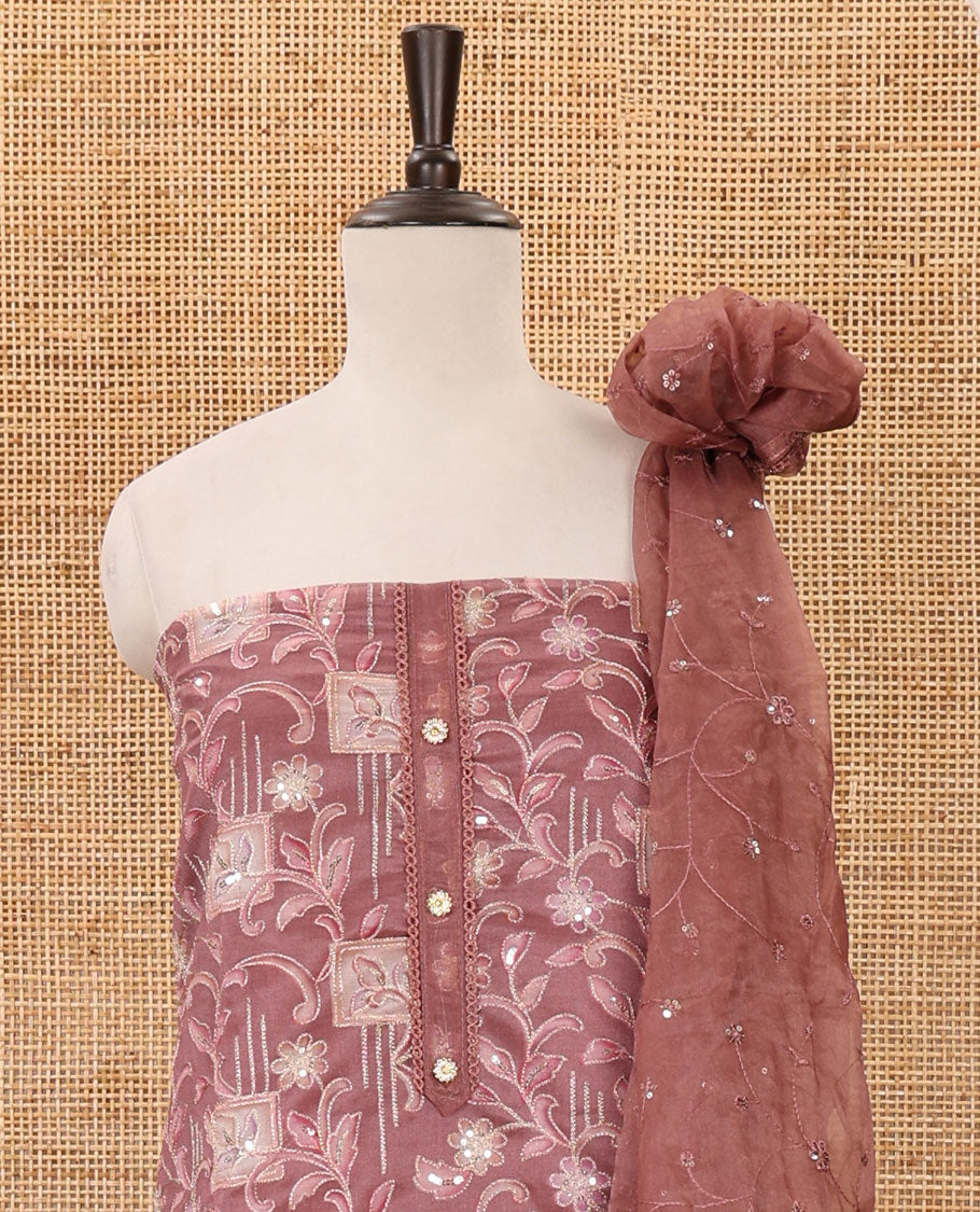 Fawn color material chudidar set,floral-geometric print & outline embroidery organza top,plain bottom & floral vine sequins embroidery dupatta