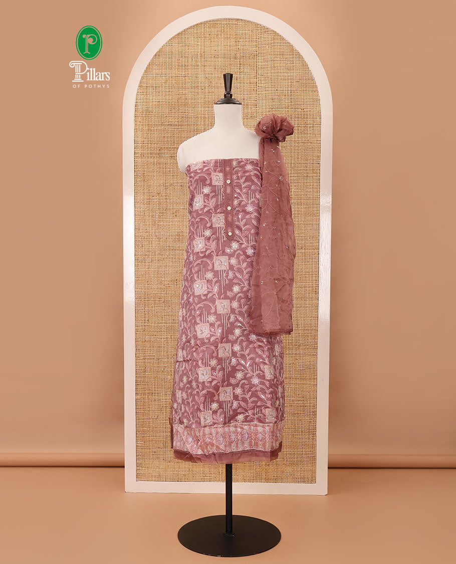 Fawn color material chudidar set,floral-geometric print & outline embroidery organza top,plain bottom & floral vine sequins embroidery dupatta