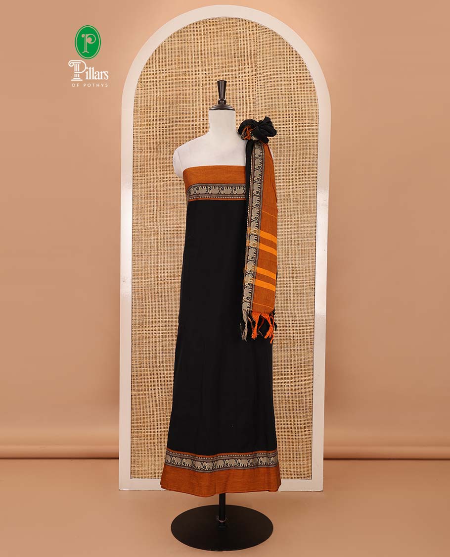 Black mercerised cotton material chudidar set, contrast elephant motifs border top, matching bottom & elephant motifs border dupatta