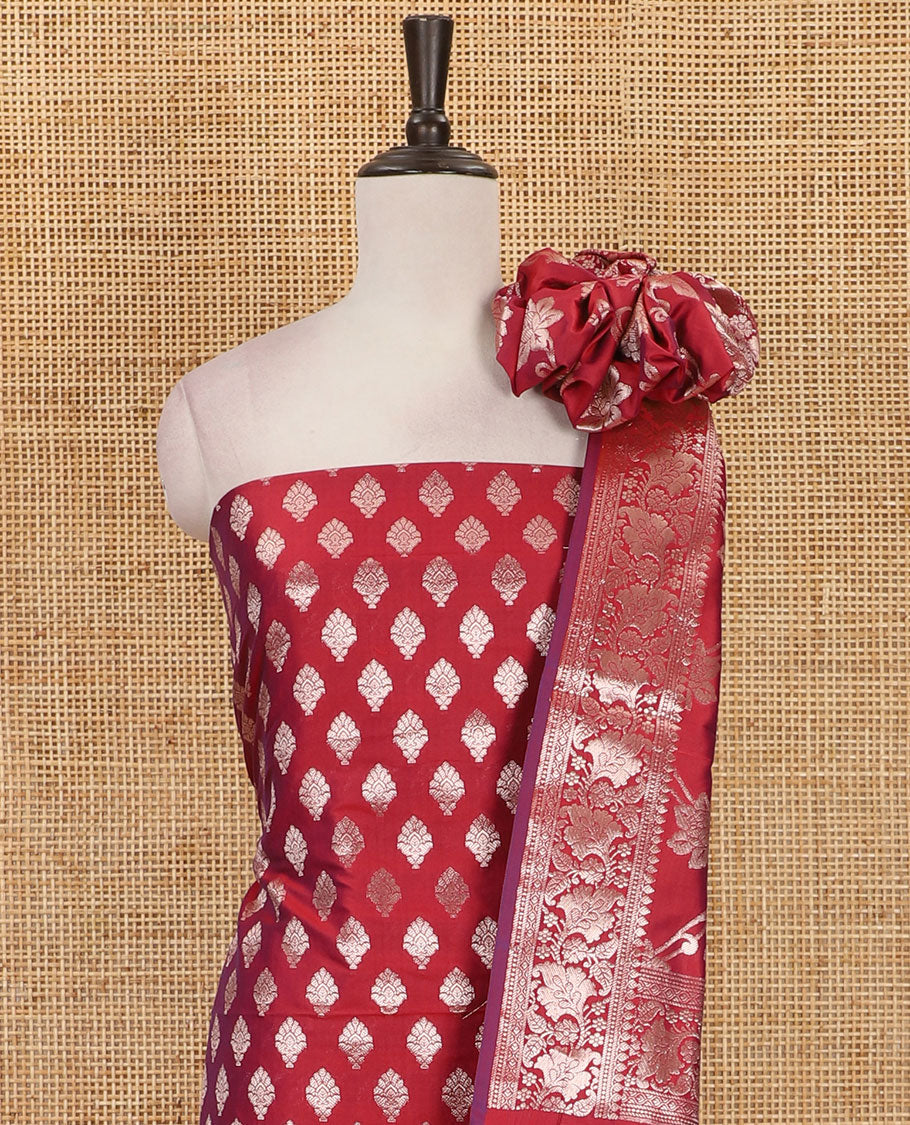 Maroon banarasi material chudidar set, zari buttas woven top, plain bottom, and floral jaal taffeta silk dupatta