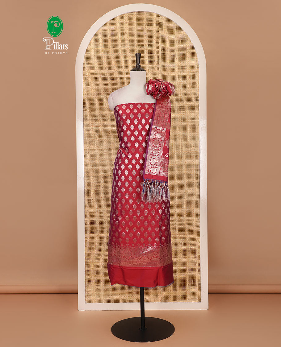 Maroon banarasi material chudidar set, zari buttas woven top, plain bottom, and floral jaal taffeta silk dupatta