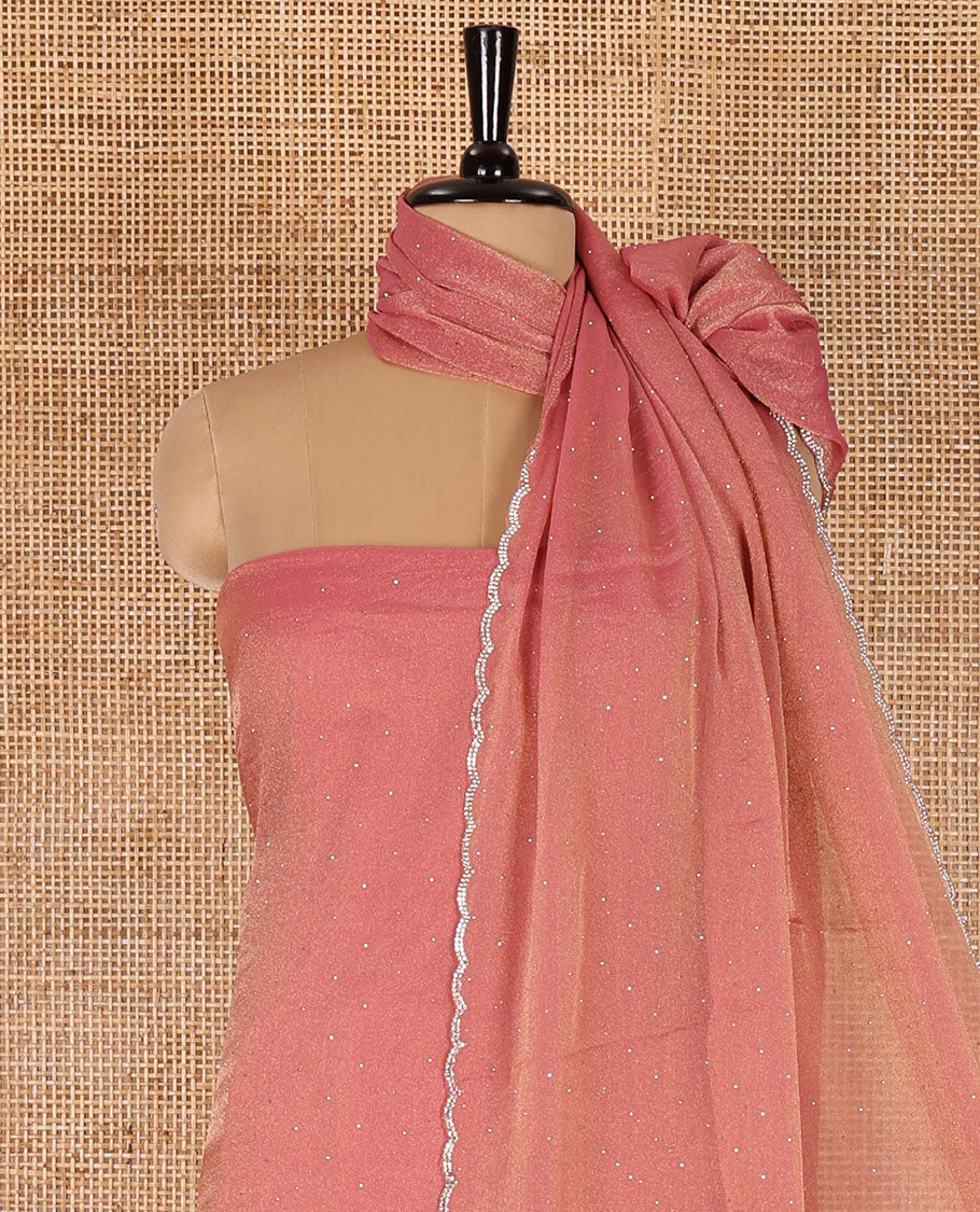 Pink material chudidar set, stone work moss organza top, a matching bottom, and scallop stone work moss organza dupatta