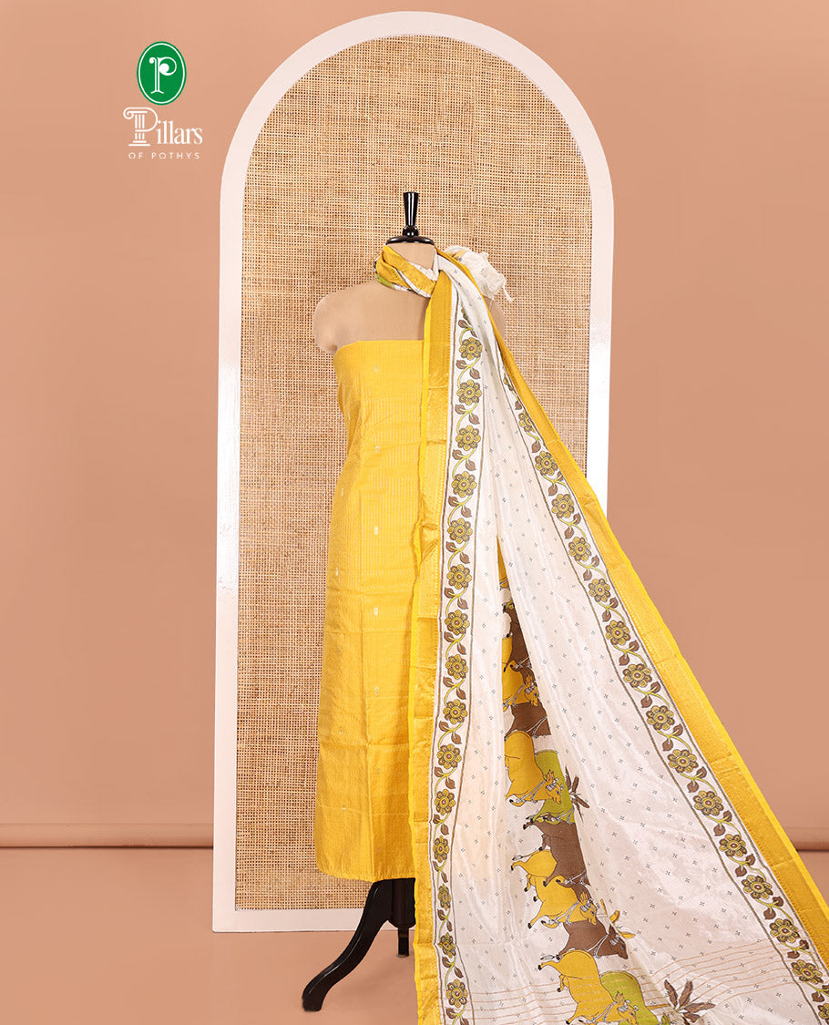 Yellow Material Chudidhar Set, Delicately Woven with Dotted Stripes and Buttas on Its Semi-Silk Top, Plain Cotton Bottom, and Semi-Silk Dupatta Illustrating Pichwai Cow and Floral Print