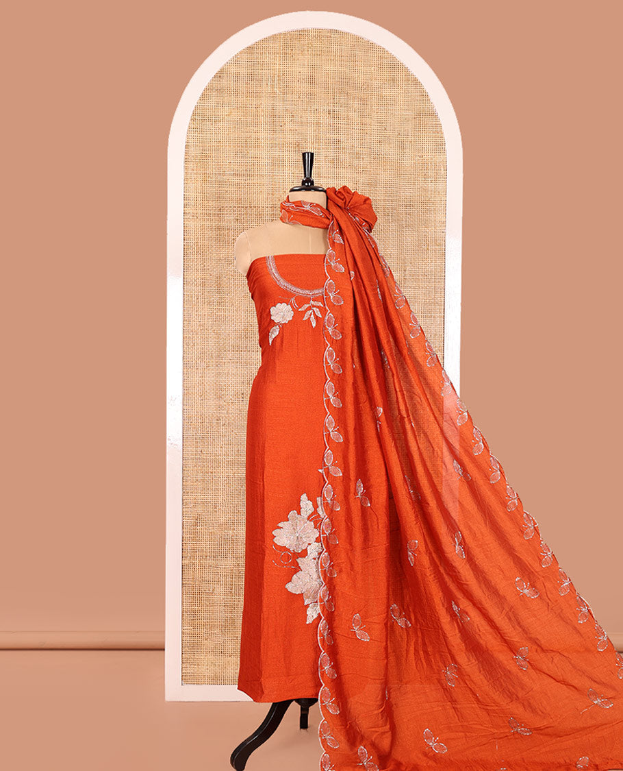 Rust Material Chudidhar Set, Highlighted with an Floral Motifs Embroidered on its Vichitra Silk Top, Plain Santoon Bottom, and Vichitra Silk Dupatta of Leaf Motifs Embroidery