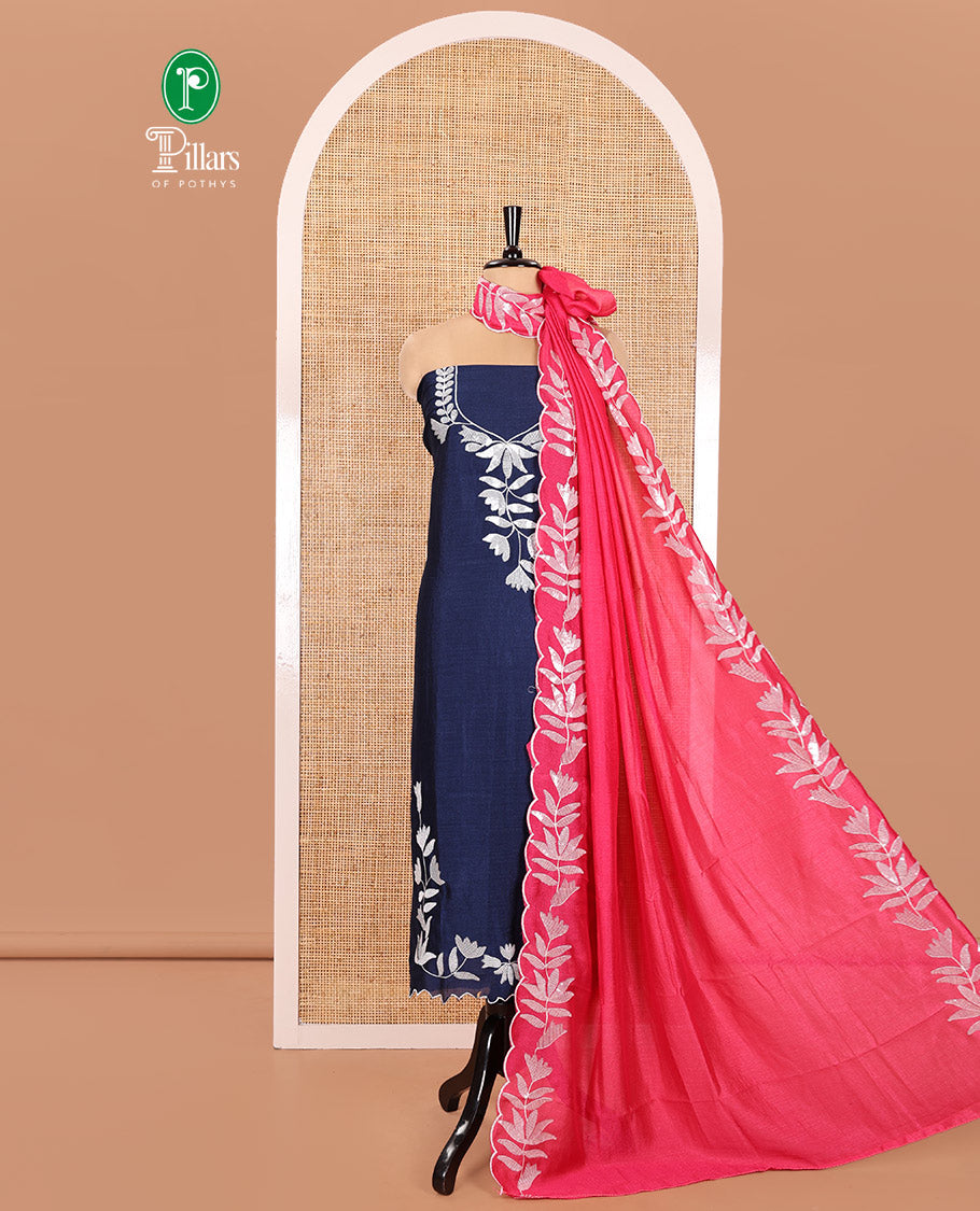 Navy Blue Material Churidar Set, Detailed with Floral Motifs Sequins-Thread Embroidered on Its Vichitra Silk Top, Comes with a Contrast Santoon Bottom, and Paired with a Vichitra Silk Floral Embroidered Scallop Dupatta