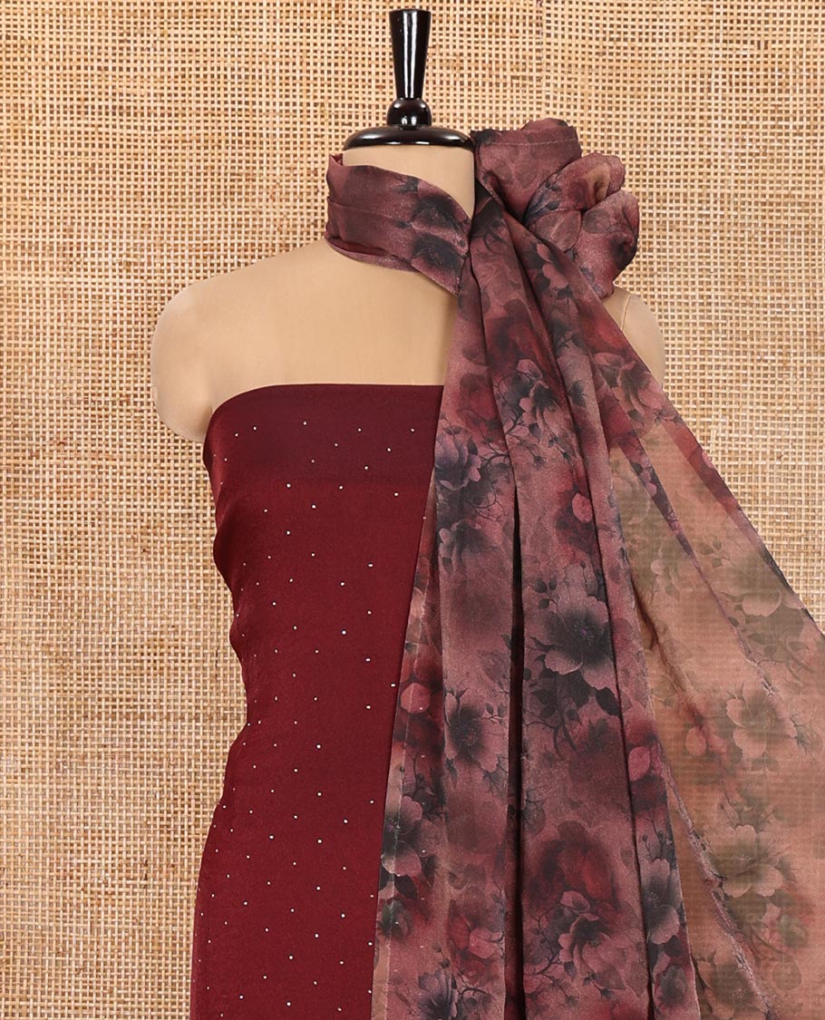 Maroon Material Churidar Set, Highlighted with Swarovski Stone Work Nc Moss Organza Top, Comes with a Plain Santoon Bottom, and Floral Printed Nc Moss Organza Dupatta