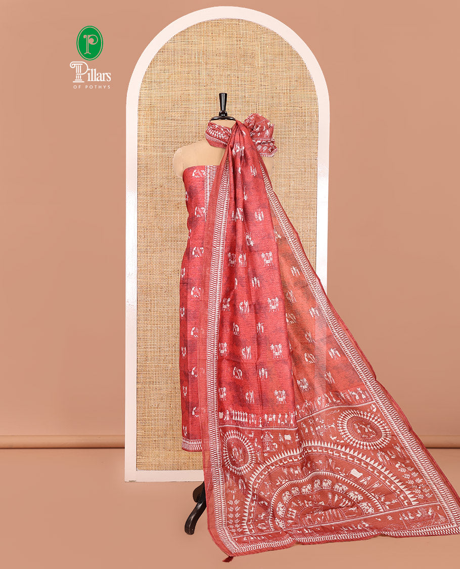 Peach Material Churidar Set, Delicately Designed with Warli Motifs Printed on Chanderi Top, Comes with a Plain Santoon Bottom, and Is Paired with a Chanderi Dupatta Featuring Warli-Village Themed Motifs Print