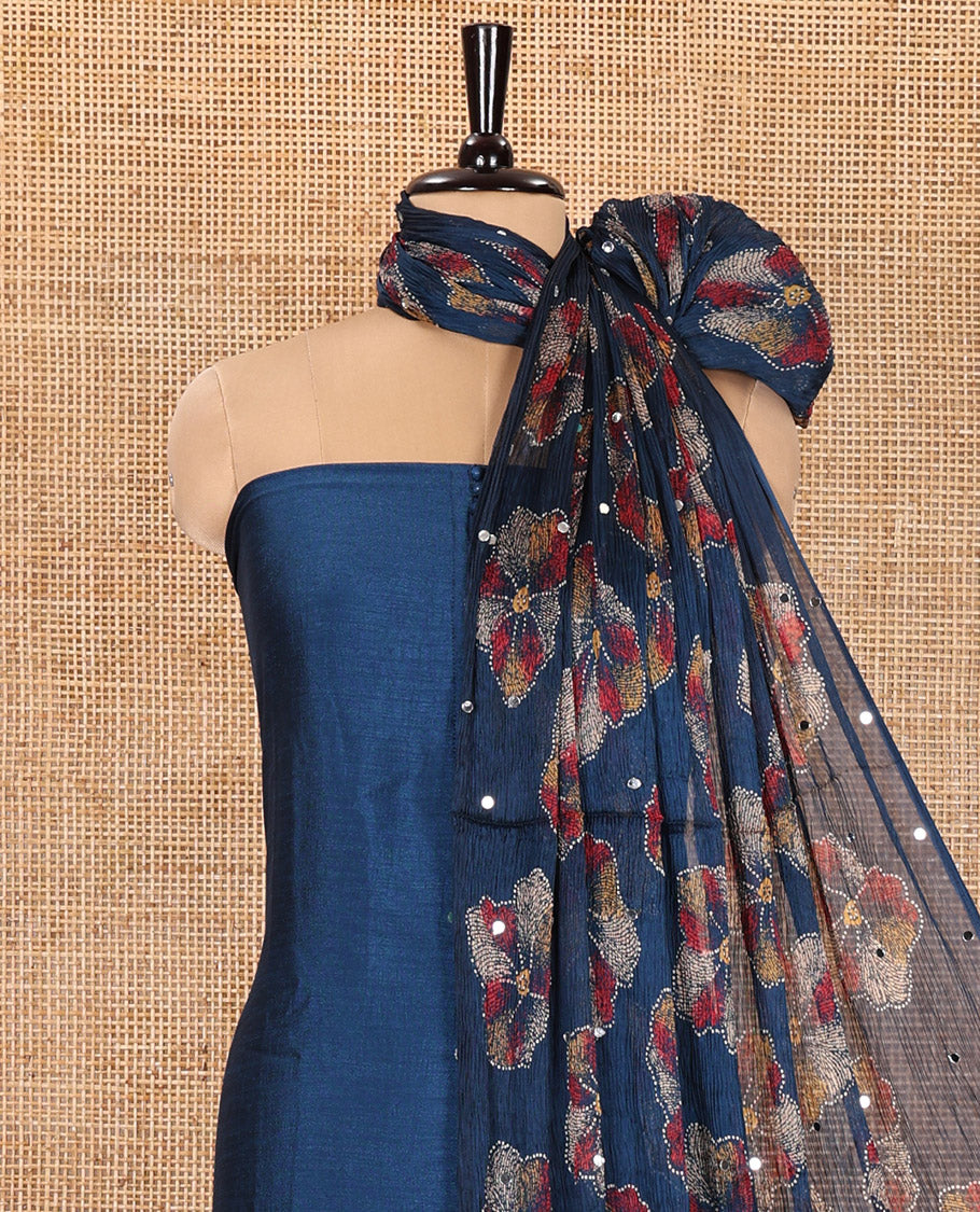 Blue Material Churidar Set, Beautified with Plain Vichitra Silk Top, Comes with a Plain Santoon Bottom, and Is Paired with a Crushed Chiffon Dupatta of Floral Print and Mirror Work