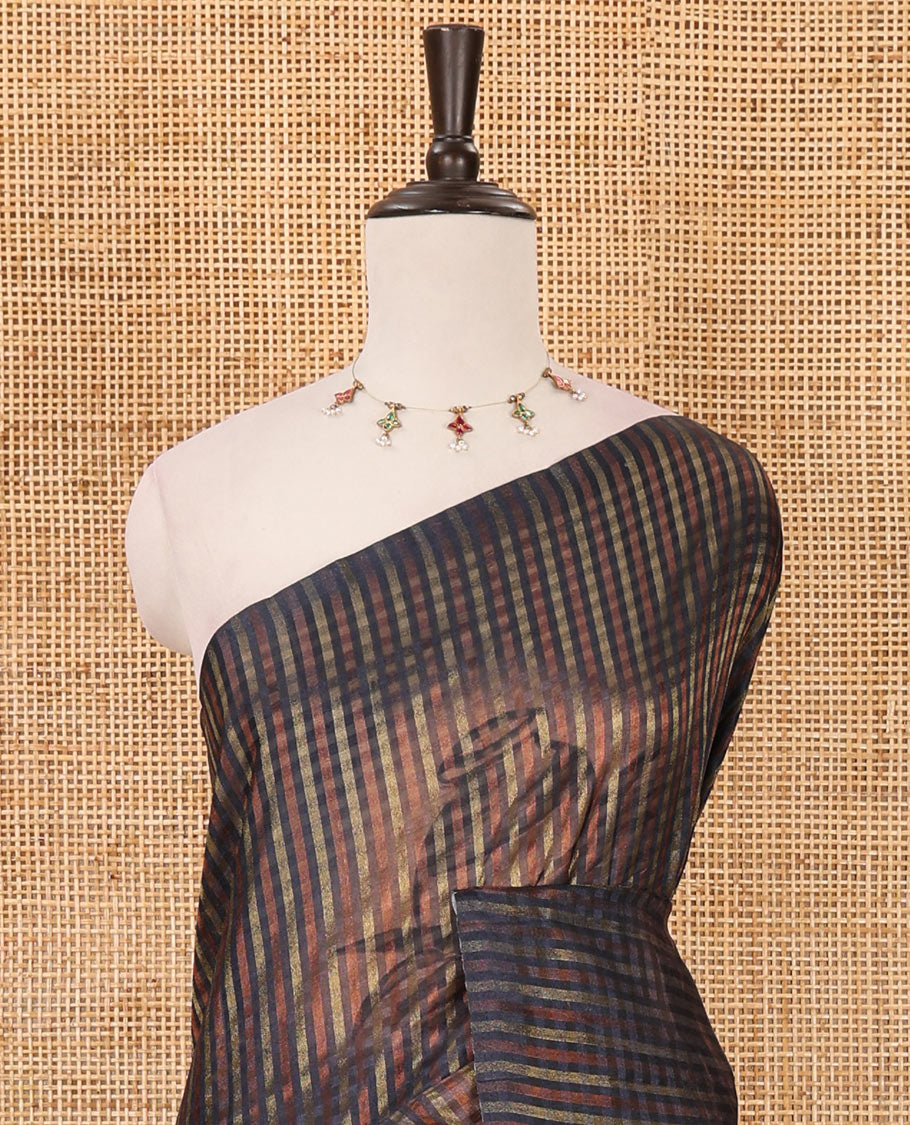 Borderless navy blue checked & clay pot motifs printed fancy tussar saree, contrast women with a pot printed pallu & pot printed blouse