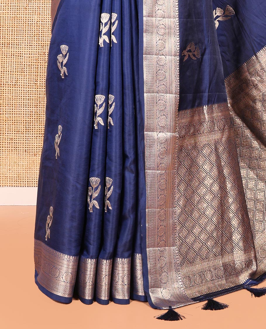Navy Blue Semi-Banaras Satin Silk Saree, Dazzled with Floral Zari Buttas Across Its Body, Highlighted by Traditional Zari Design Border, Grand Zari Woven Palu of Jaal Designs, and Paired with a Matching Blouse
