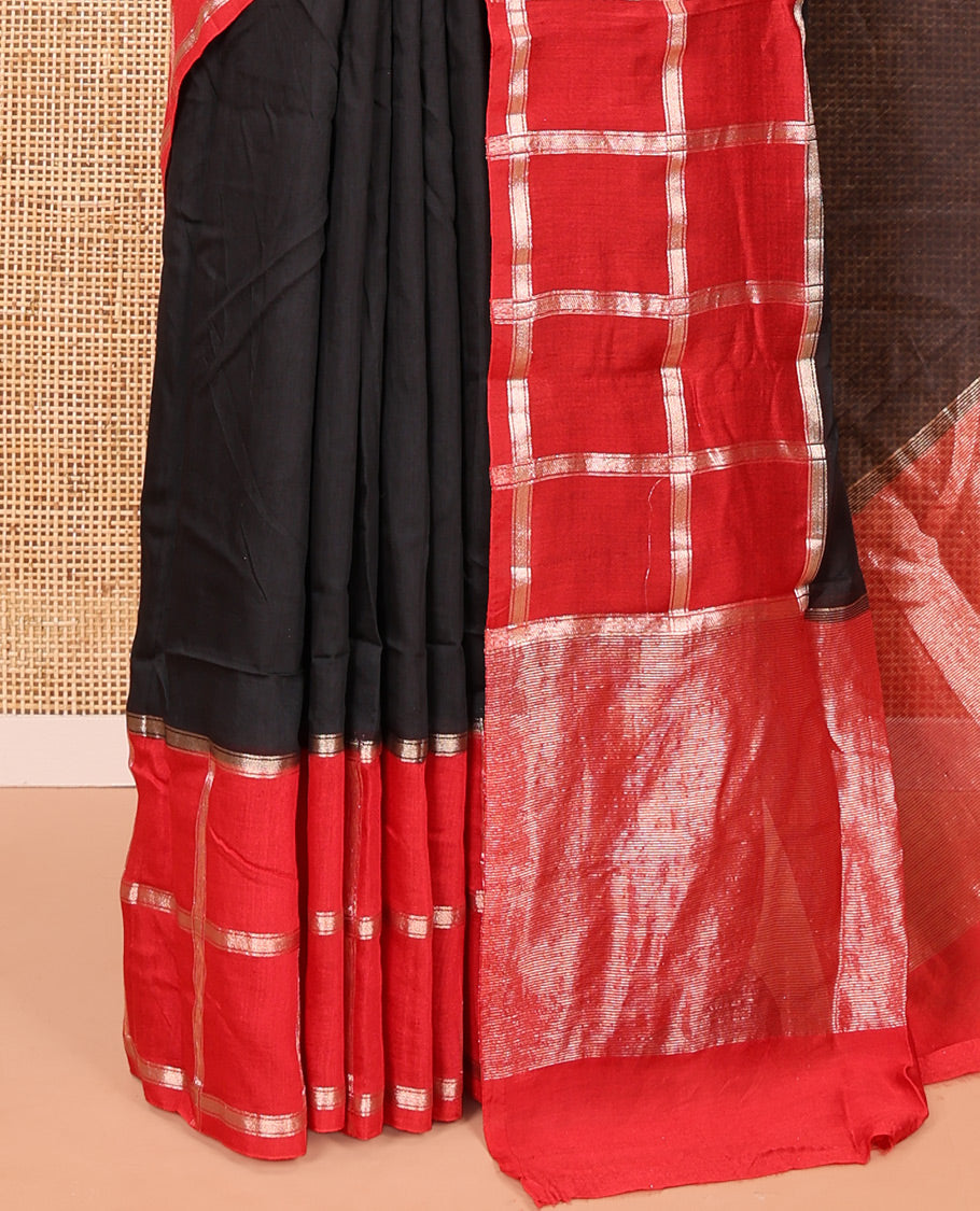 Black Plain Assam Silk Saree, Contrast Gharchola Checked Border, Gleaming Zari Striped Pallu, and Paired with a Contrast Blouse