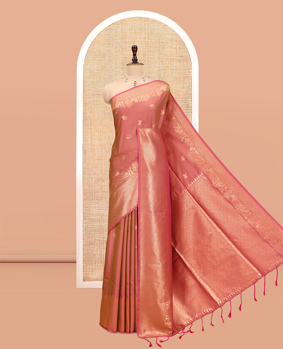 Onion Pink Soft Silk Saree, Adorned with Horse-Peacock Buttas, a Zari Border, Jaal Pallu, and a Matching Blouse