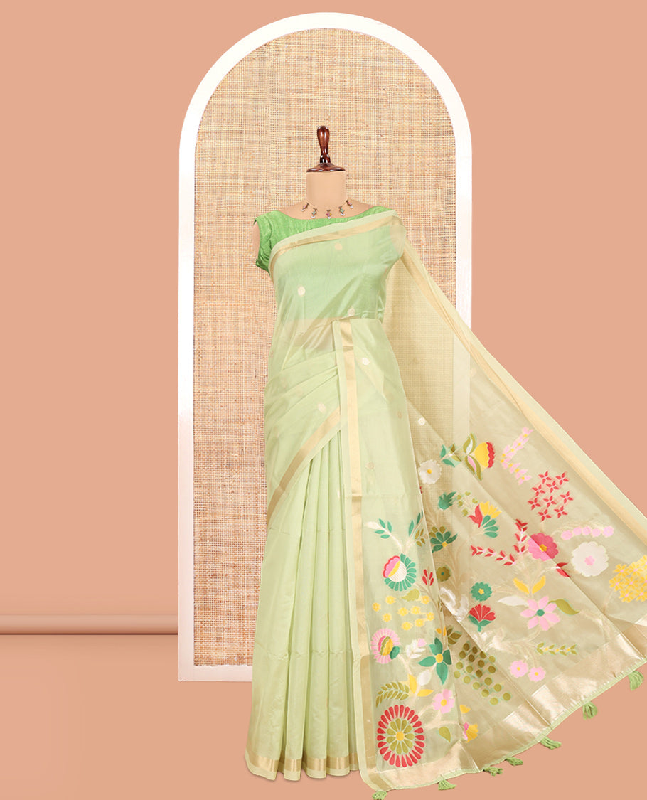 Elachi Green Buttas Fancy Organza Silk Saree, a Zari Border, Paithani Floral Pallu, a Matching Blouse