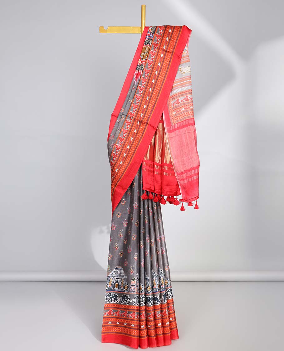 Grey motifs, wedding design semi-banaras printed saree with contrast border & intricate design pallu