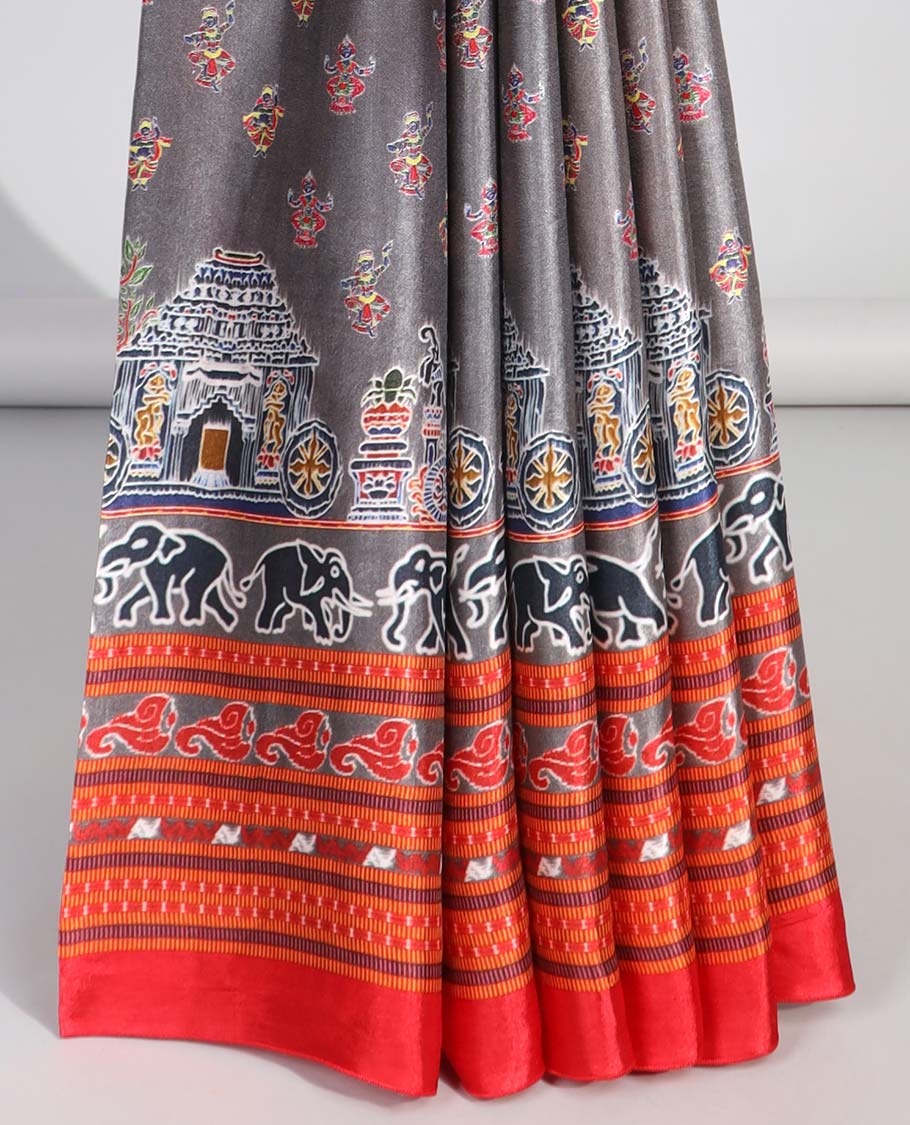 Grey motifs, wedding design semi-banaras printed saree with contrast border & intricate design pallu