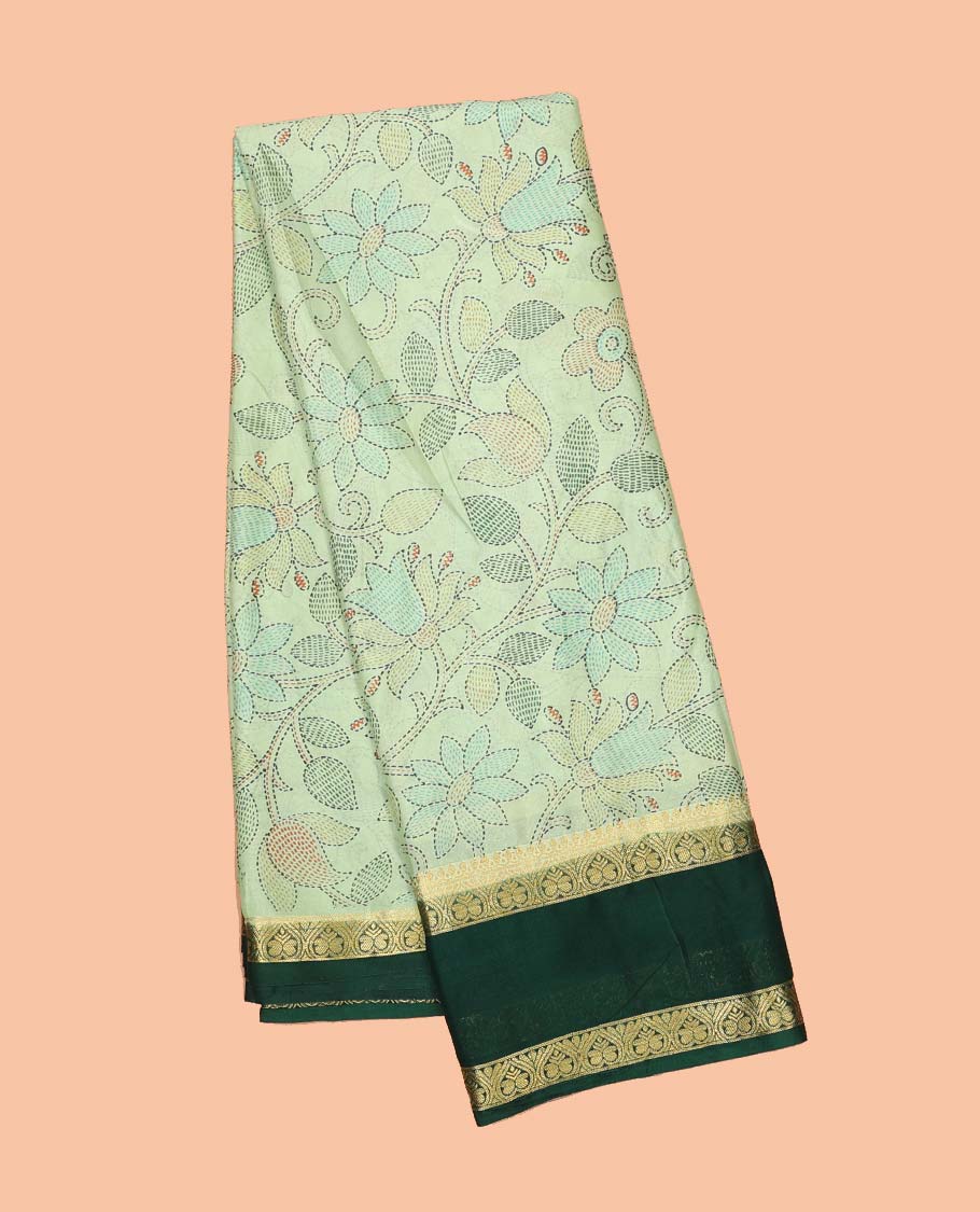 Green madhubani-style floral vine semi-banaras printed saree, contrast traditional design border & striped pallu