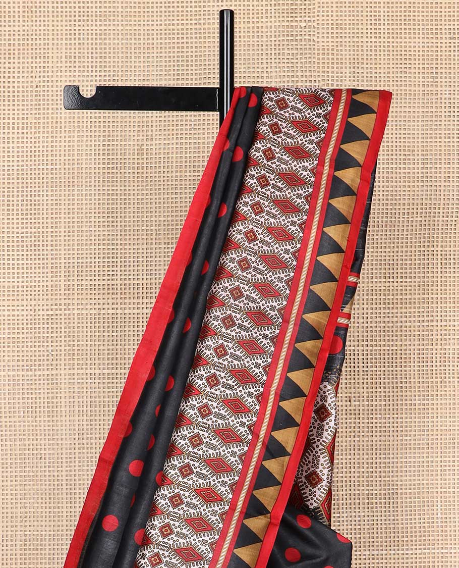 Black polka dot printed silk saree with contrast temple border & floral pallu
