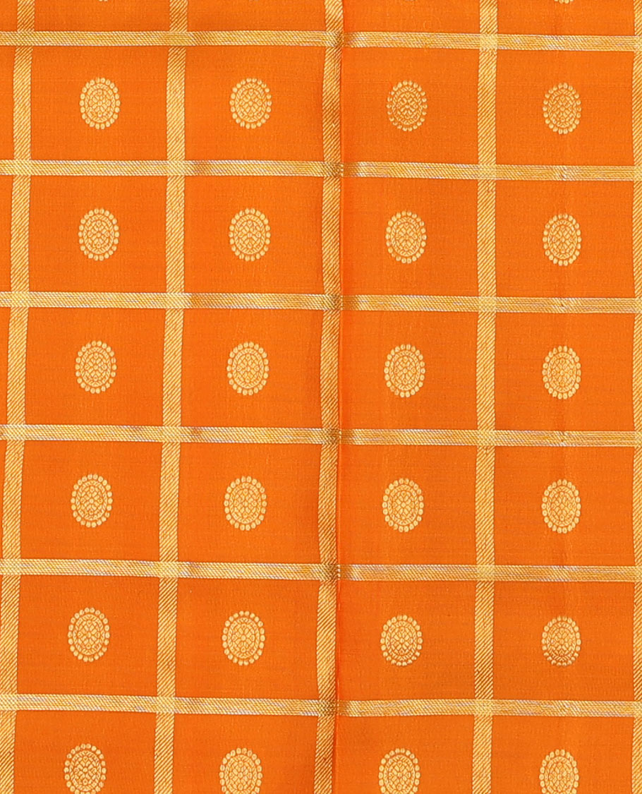 Orange pure-silk half saree, chakram butta enclosed checked skirt, contrast border & blouse of banaras,mayil kann & kodi visiry & intricate dhavani