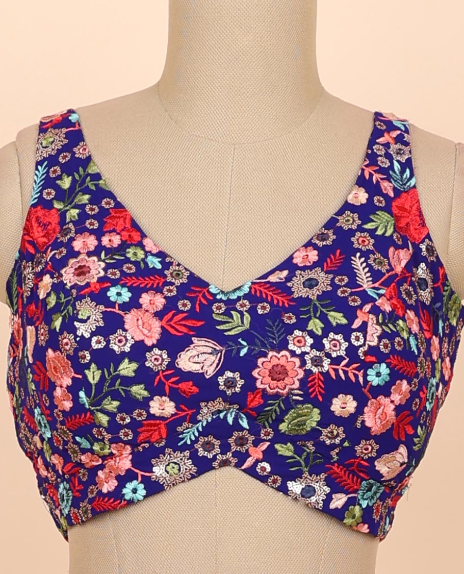 Blue floral embroidered front & back deep v-neck raw-silk readymade sleeveless blouse
