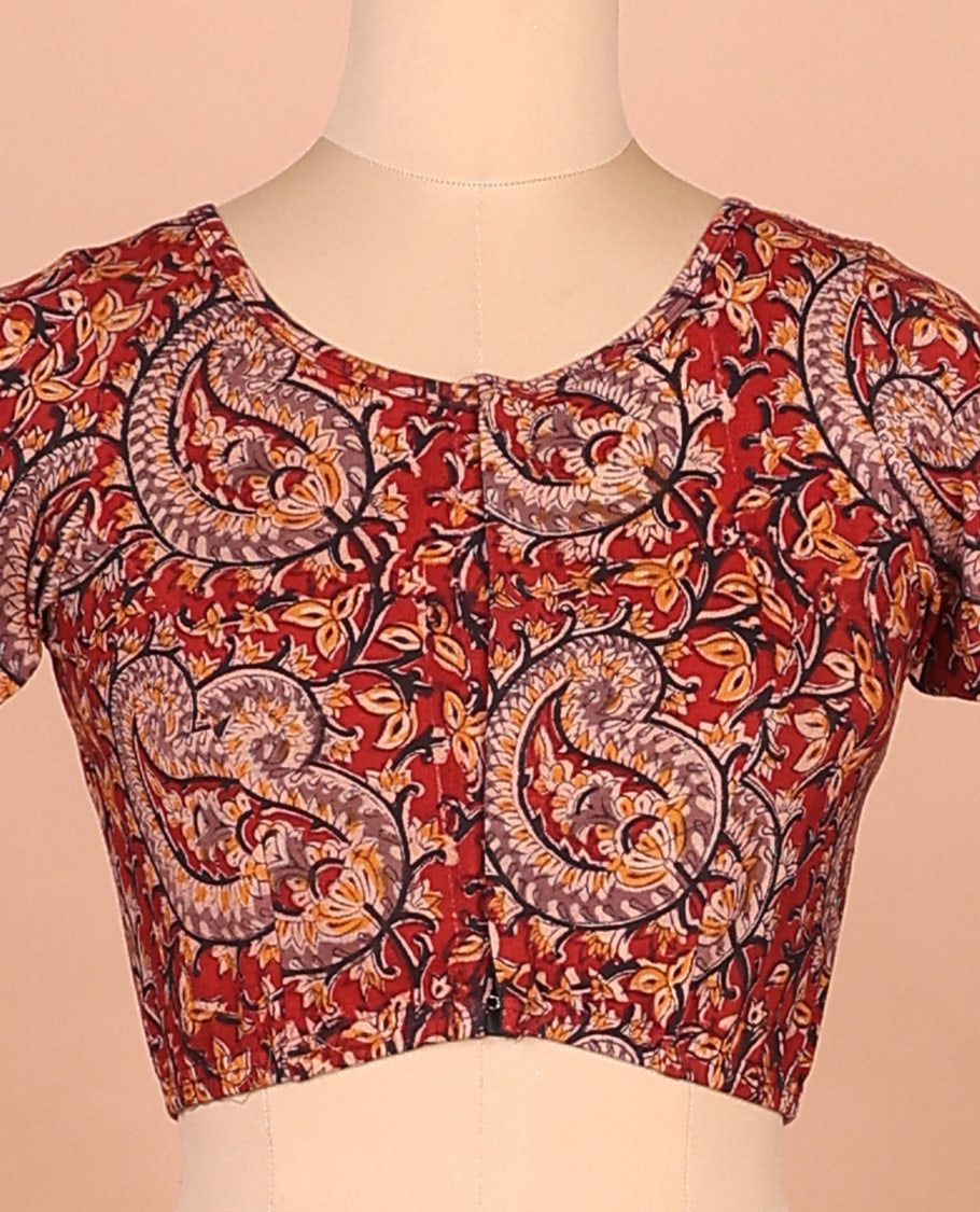 Red paisley vine printed front boat neck elbow sleeve cotton readymade blouse