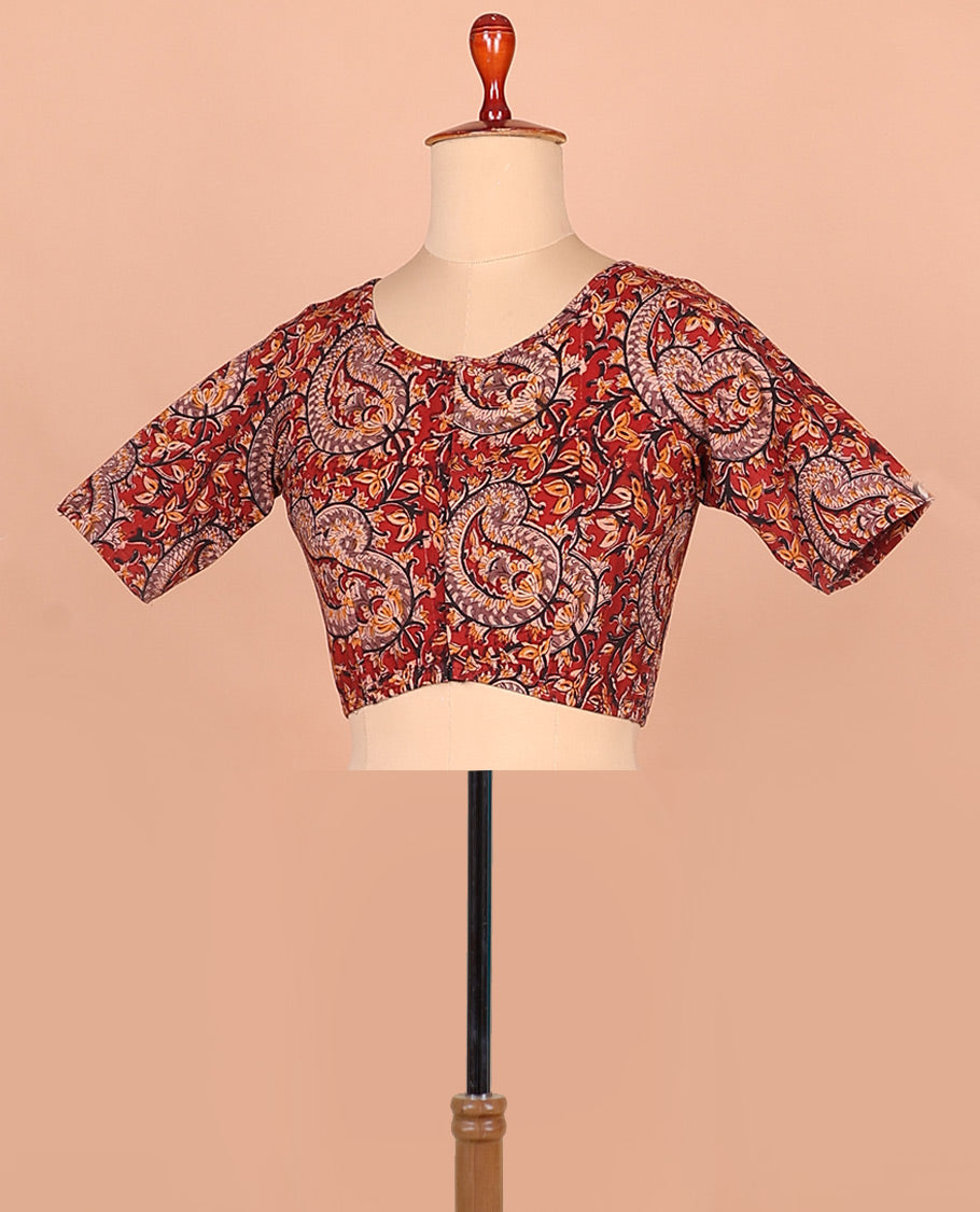 Red paisley vine printed front boat neck elbow sleeve cotton readymade blouse