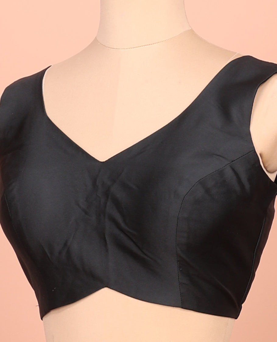 Black Plain Readymade Blouse Featuring a Front V-Neck, Back Deep V-Neck, and Sleeveless