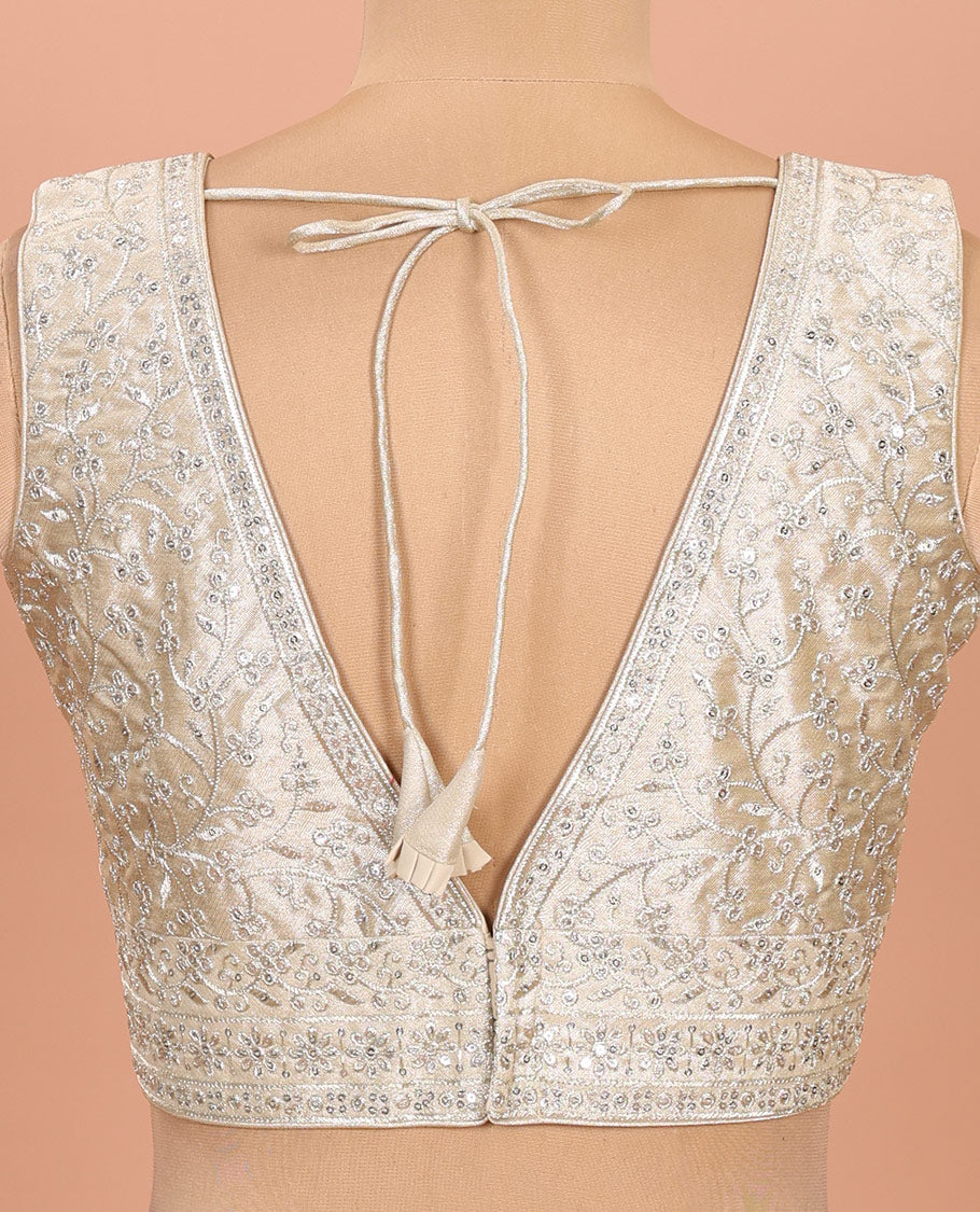 Light gold floral embroidered front sweet heart-neck sleeveless readymade blouse