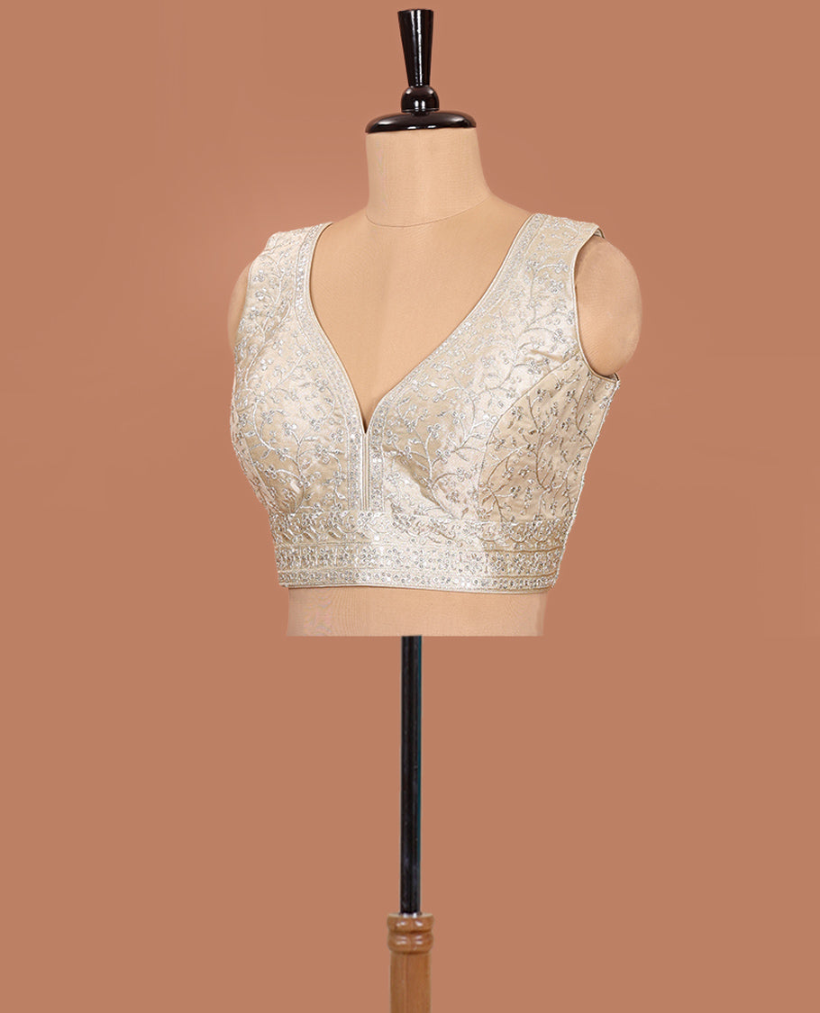 Light gold floral embroidered front sweet heart-neck sleeveless readymade blouse