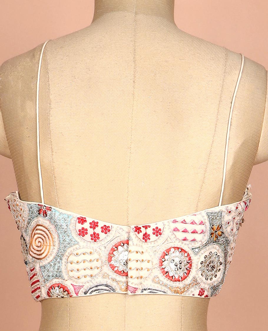 Sandal resham thread and sequins embroidered spaghetti sleeve V-neck readymade blouse