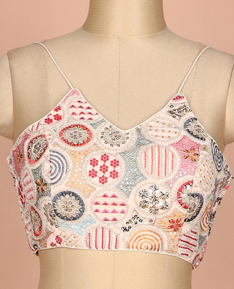 Sandal resham thread and sequins embroidered spaghetti sleeve V-neck readymade blouse