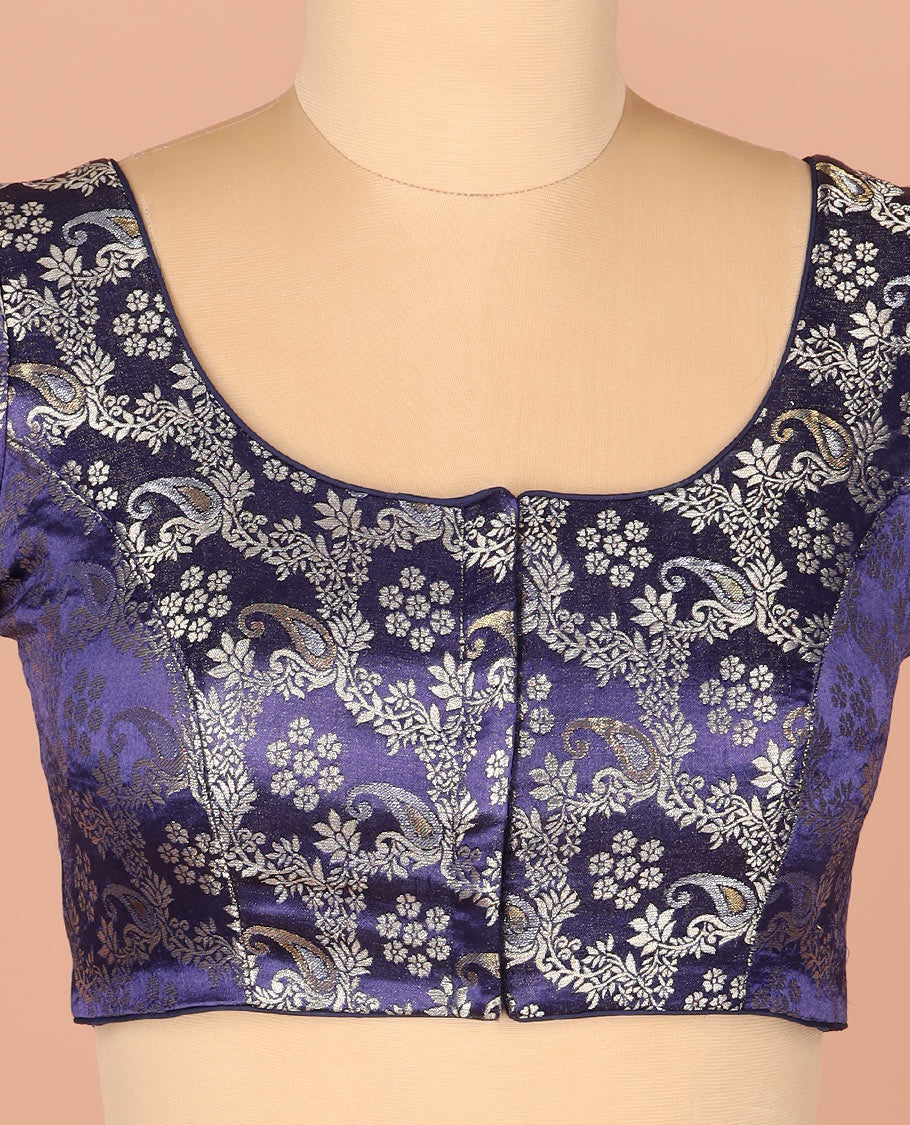 Blue Readymade Blouse Meticulously Woven with Floral-Paisley Jaal Jacquard Design, Featuring Front Round Neck, Back Round Neck, and Elbow Sleeves