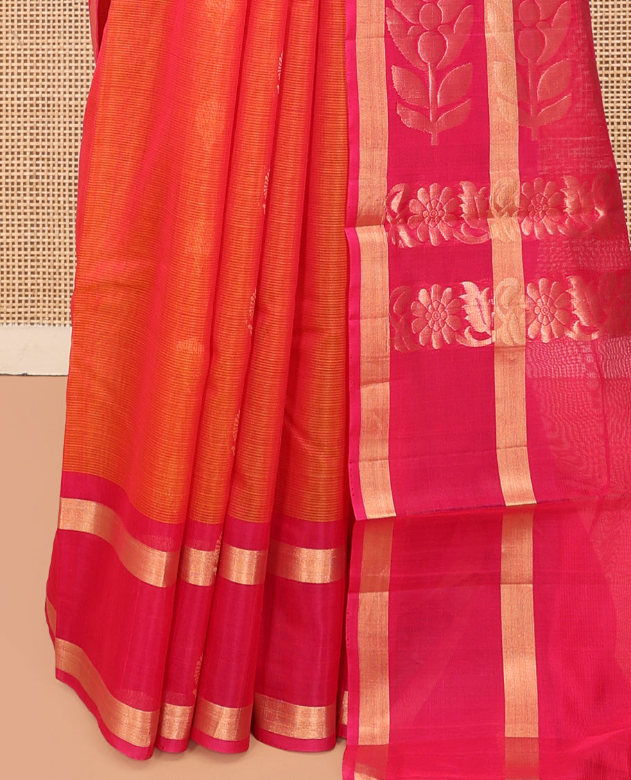 Orange Silk Cotton Saree, Gleamed Up with Zari Buttas, a Contrast Floral Creeper Border, Floral Pallu, and a Contrast Blouse