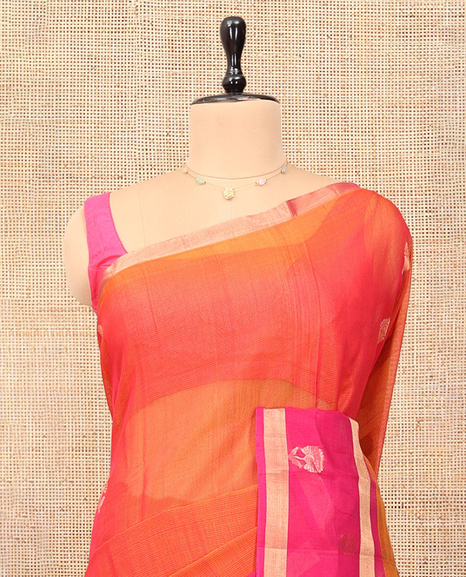 Orange Silk Cotton Saree, Gleamed Up with Zari Buttas, a Contrast Floral Creeper Border, Floral Pallu, and a Contrast Blouse
