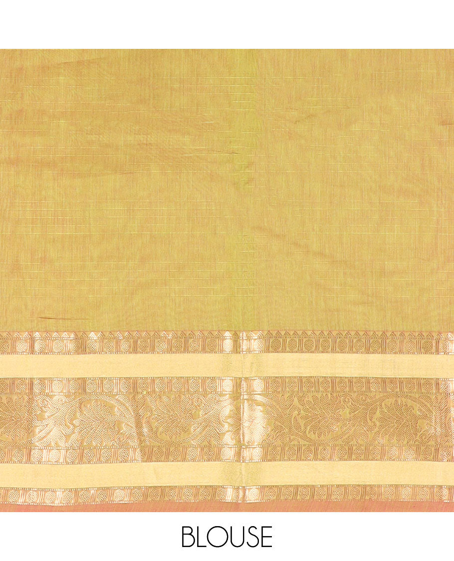 Light green floral motifs silk cotton saree with contrast intricate zari design border & paisley design pallu