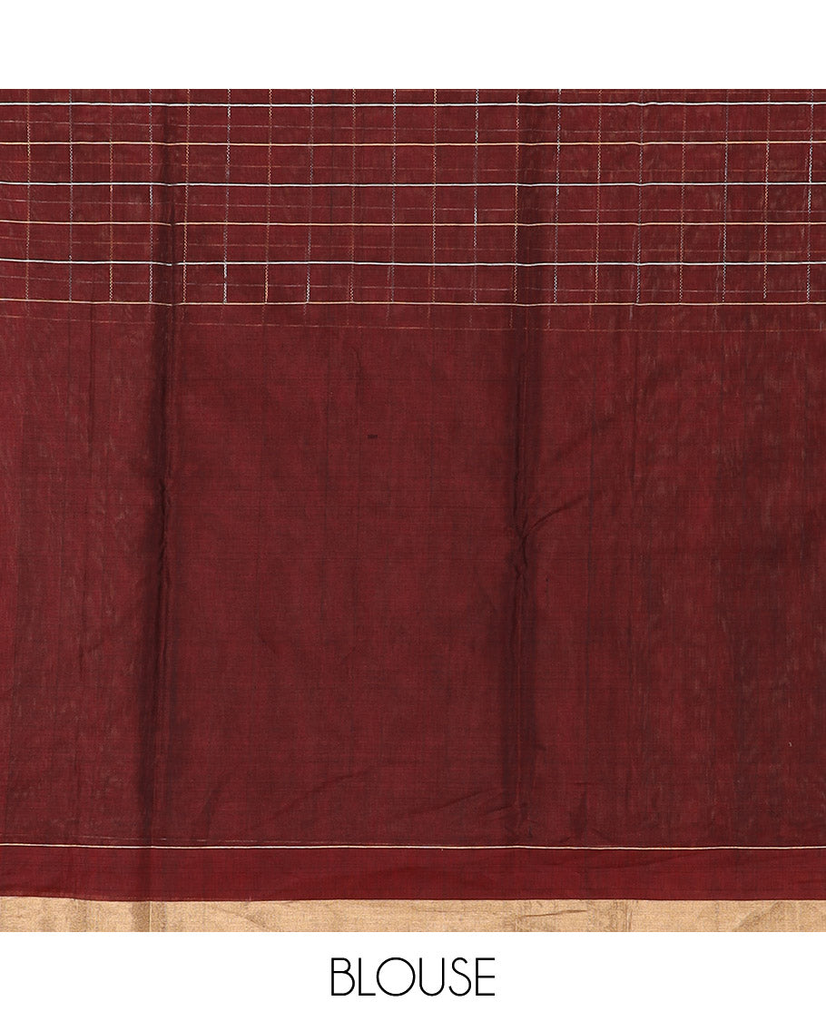 Grey Silk Cotton Saree Highlighted with Buttas and Checks, Complemented by a Contrast Border, Featuring a Contrast Pallu Steeped With Geometric Zari Designs, and Paired with a Contrast Blouse