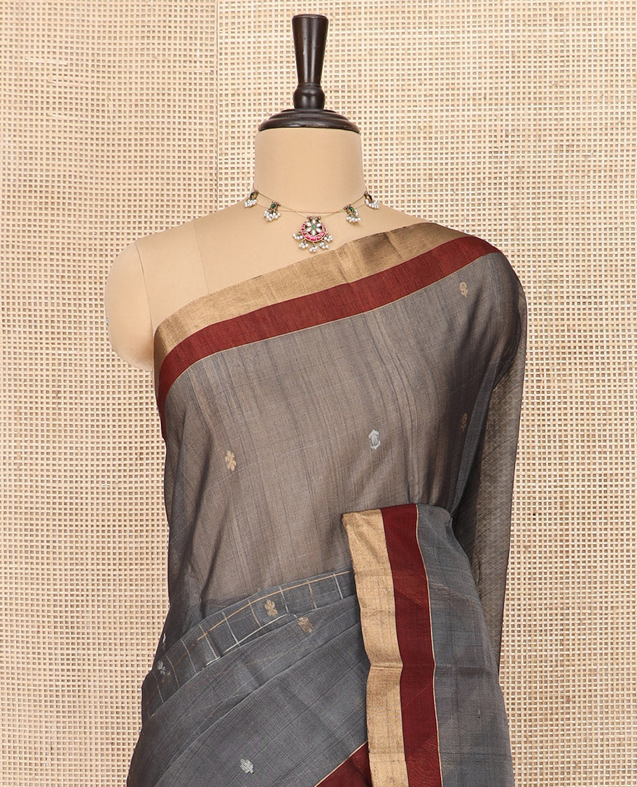 Grey Silk Cotton Saree Highlighted with Buttas and Checks, Complemented by a Contrast Border, Featuring a Contrast Pallu Steeped With Geometric Zari Designs, and Paired with a Contrast Blouse