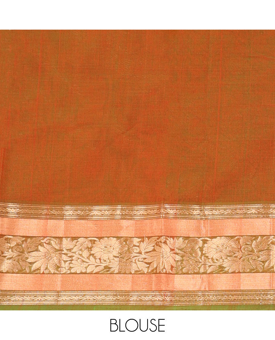 Orange zari buttas silk cotton saree, contrast traditional zari border of floral creeper design, and ogee patterned pallu