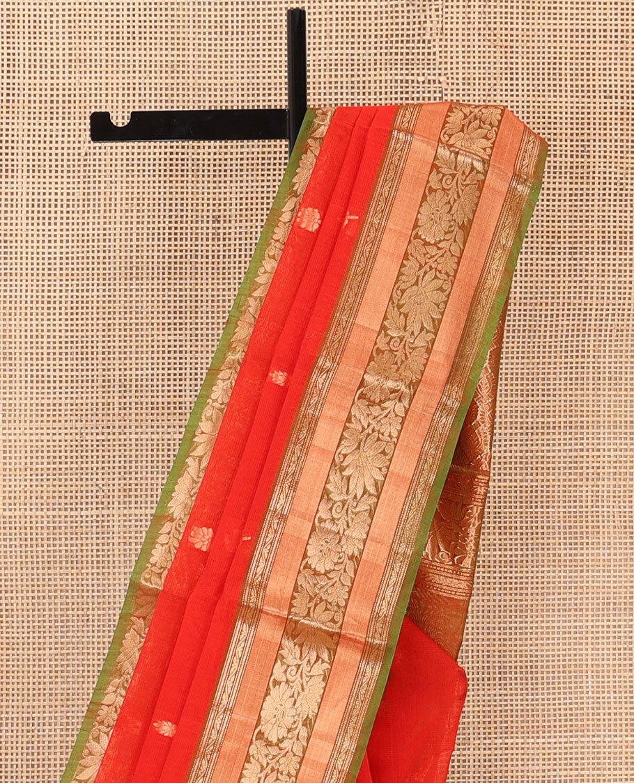 Orange zari buttas silk cotton saree, contrast traditional zari border of floral creeper design, and ogee patterned pallu