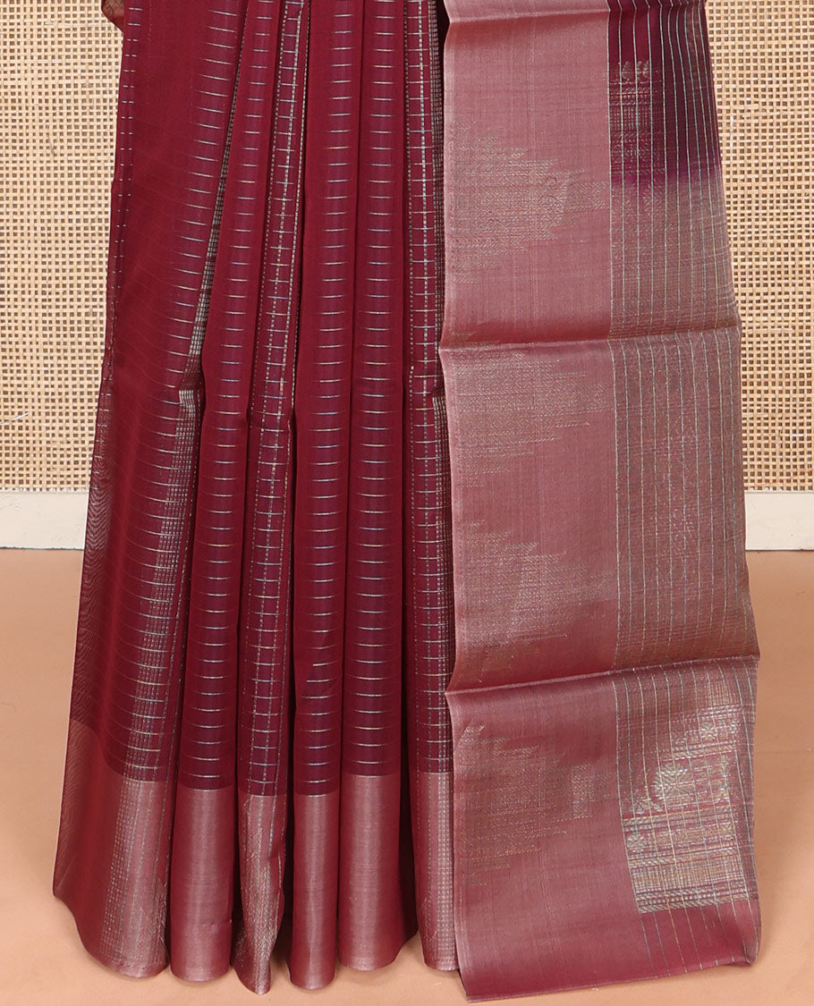 Maroon Silk Cotton Saree, Woven with Stripes and Checks, Complemented by a Contrast Temple Border, Intricately Designed Pallu, and a Contrast Blouse