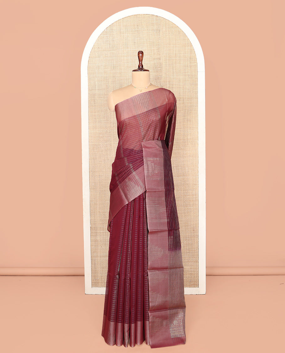 Maroon Silk Cotton Saree, Woven with Stripes and Checks, Complemented by a Contrast Temple Border, Intricately Designed Pallu, and a Contrast Blouse