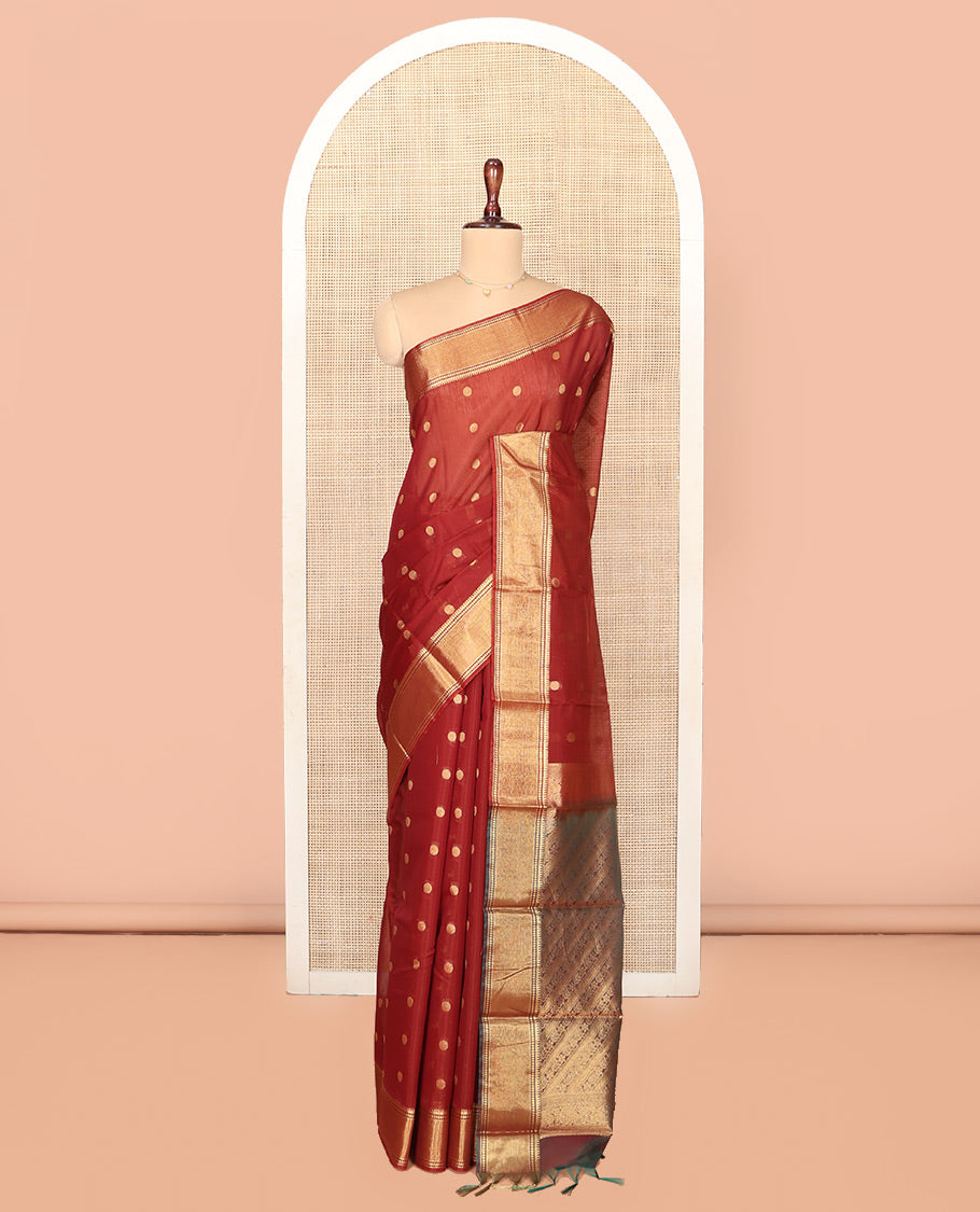 Rust Silk Cotton Saree, Highlighted by Zari Buttas On Its Body, Highlighted by Traditional Zari Border, Contrast Diagonally Woven Pallu and Paired with a Contrast Blouse