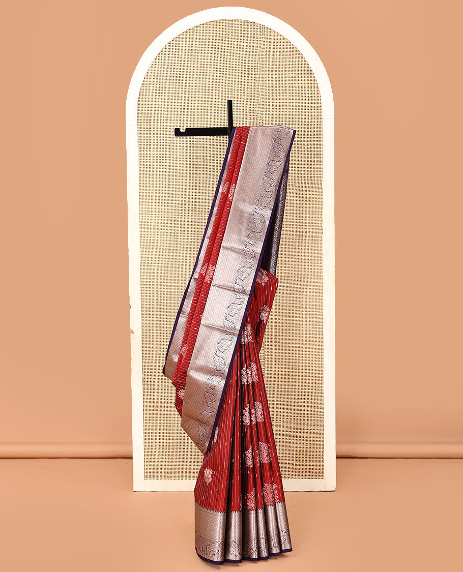 Maroon dotted stripes, and buttas soft silk saree, contrast traditional zari border, and intricate pallu