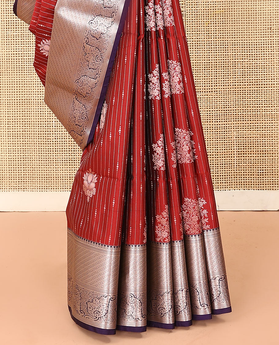 Maroon dotted stripes, and buttas soft silk saree, contrast traditional zari border, and intricate pallu