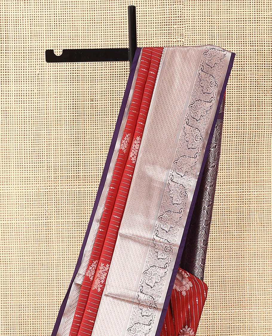 Maroon dotted stripes, and buttas soft silk saree, contrast traditional zari border, and intricate pallu