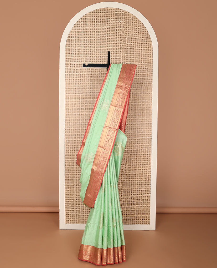 Light green striped, motifs soft silk saree with contrast zari design border & floral design pallu