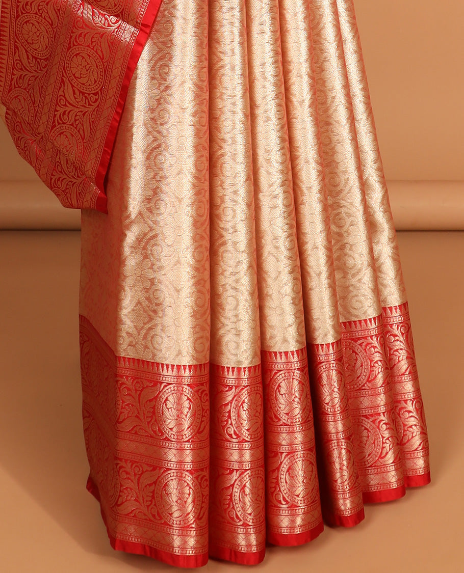 Sandal floral jacquard semi tissue saree with contrast floral zari design border & floral jaal design pallu