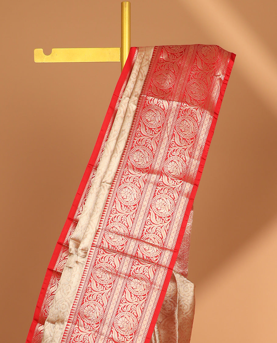 Sandal floral jacquard semi tissue saree with contrast floral zari design border & floral jaal design pallu